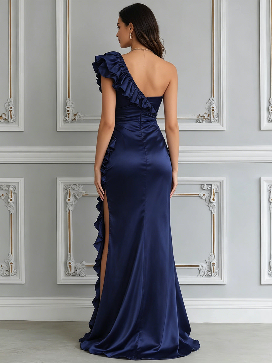 Navy One-Shoulder Ruffle Slit Maxi Gown