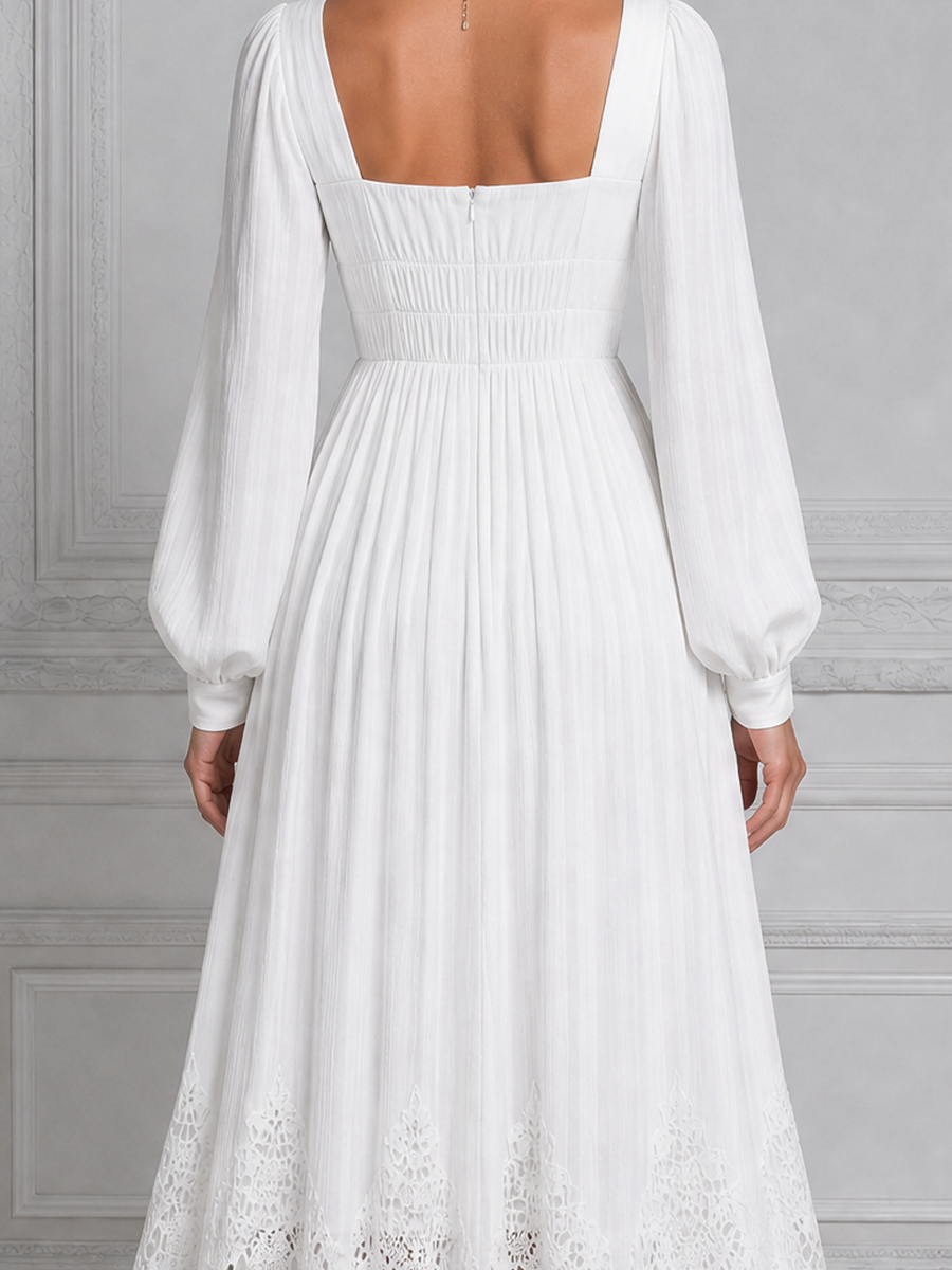 White Dress Lace Hem Square Neck Pleated Maxi Dress