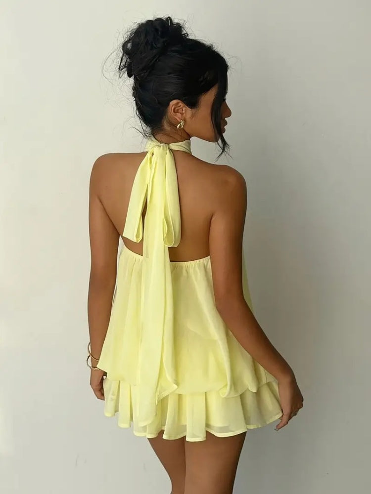 Women's Yellow Chiffon Halter Mini Dress