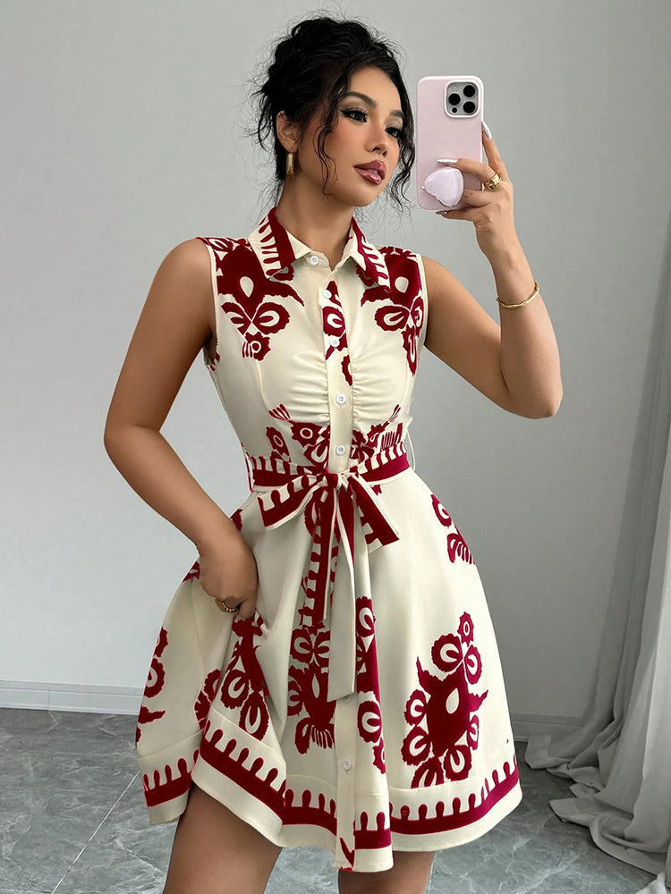 Women's Fashion Printing Waist Strap Sleeveless Dress