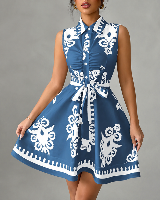 Women's Fashion Printing Waist Strap Sleeveless Dress