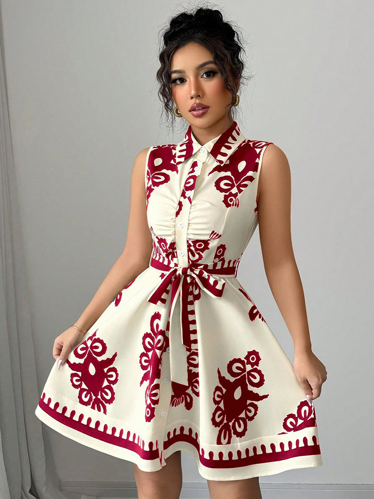 Women's Fashion Printing Waist Strap Sleeveless Dress
