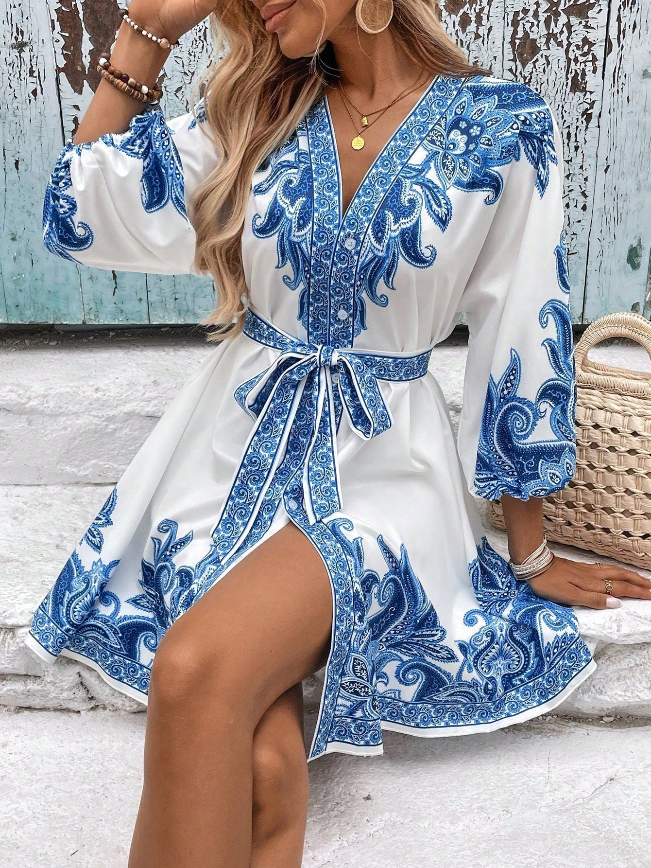 Printed V-neck three-quarter sleeve tie waist dress