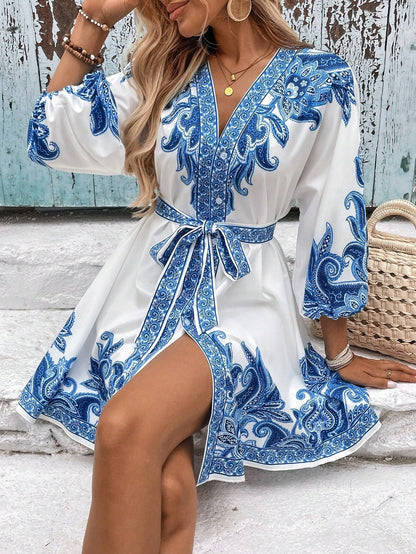 Printed V-neck three-quarter sleeve tie waist dress