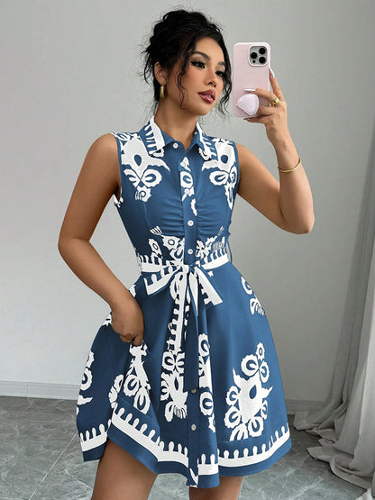 Women's Fashion Printing Waist Strap Sleeveless Dress