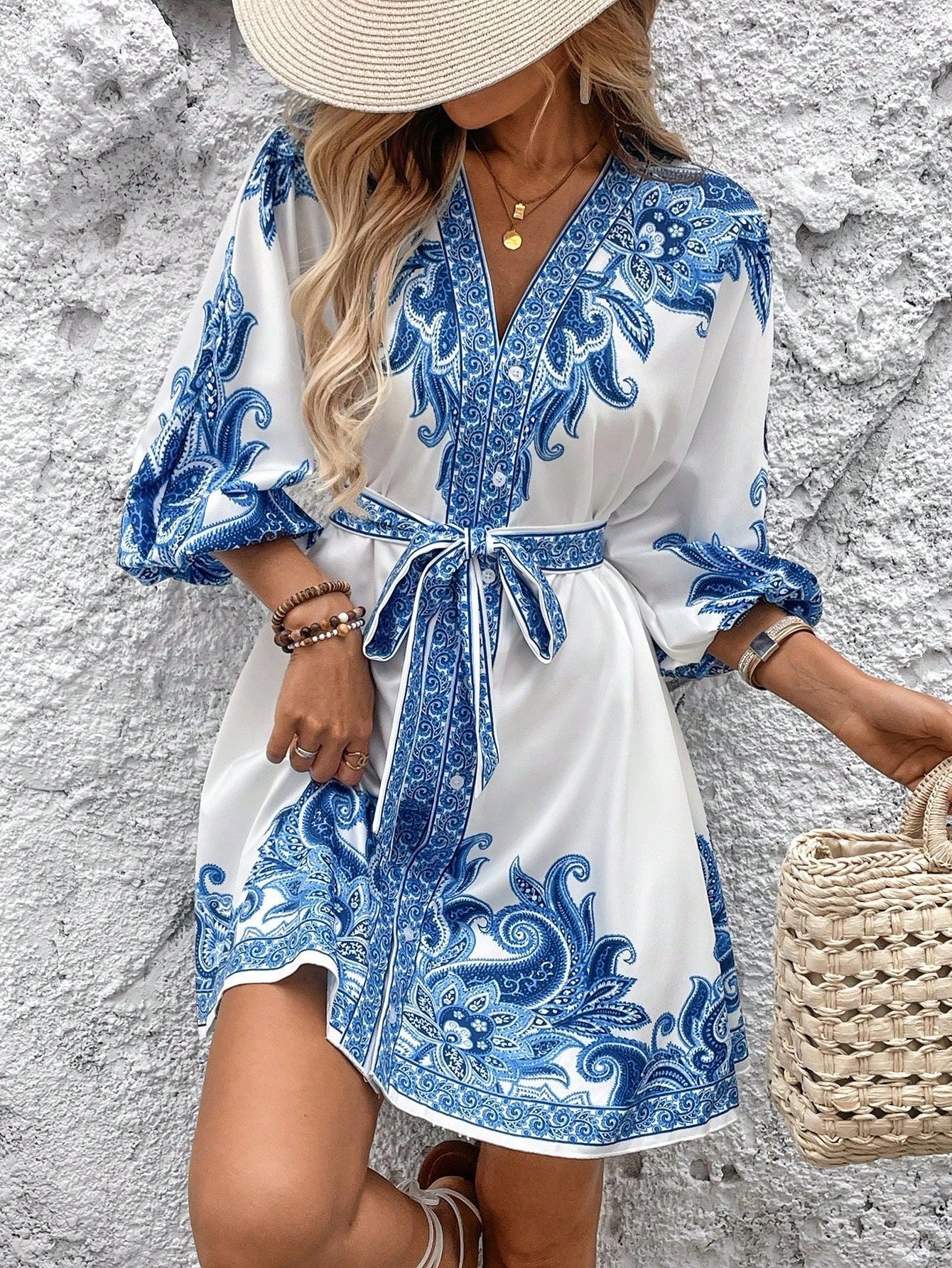 Printed V-neck three-quarter sleeve tie waist dress