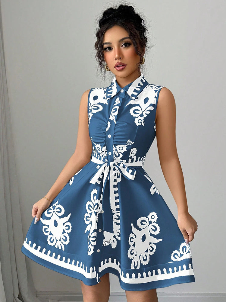 Women's Fashion Printing Waist Strap Sleeveless Dress