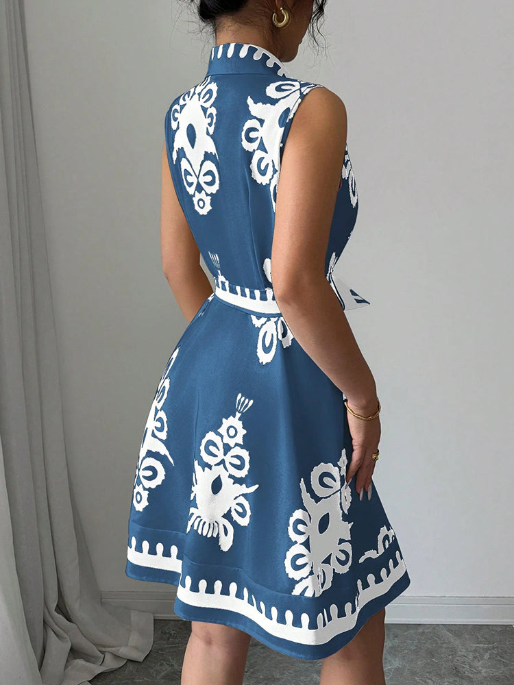 Women's Fashion Printing Waist Strap Sleeveless Dress