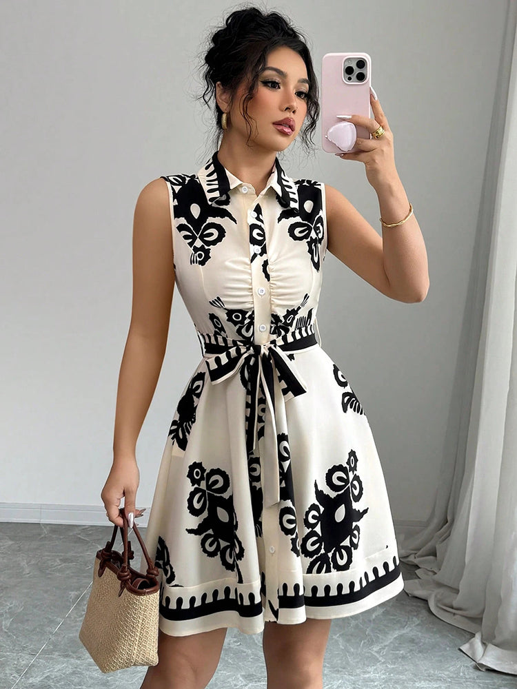 Women's Fashion Printing Waist Strap Sleeveless Dress