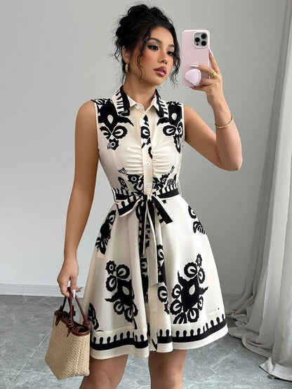 Women's Fashion Printing Waist Strap Sleeveless Dress