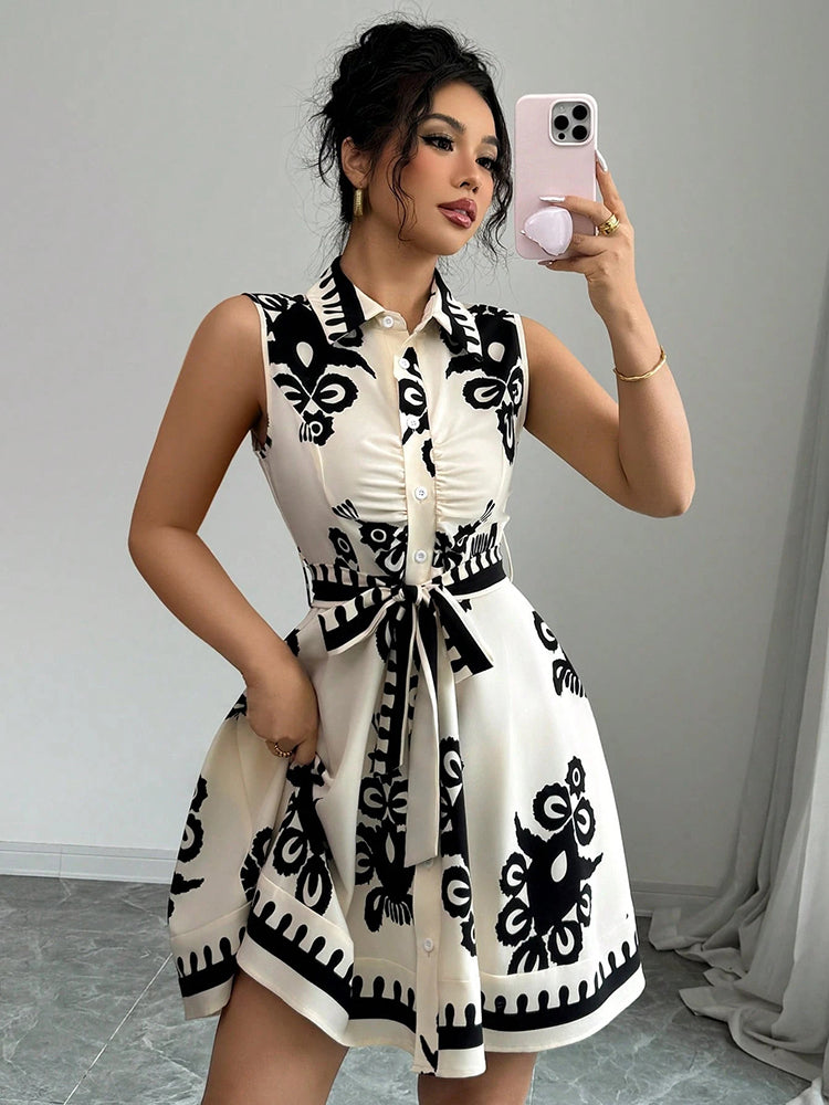 Women's Fashion Printing Waist Strap Sleeveless Dress