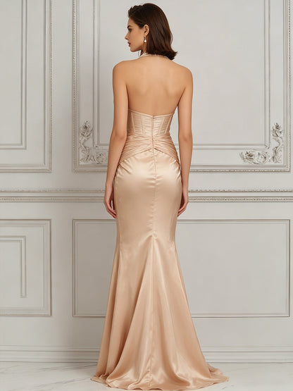 Champagne Halter Corset Ruched Slit Maxi Gown