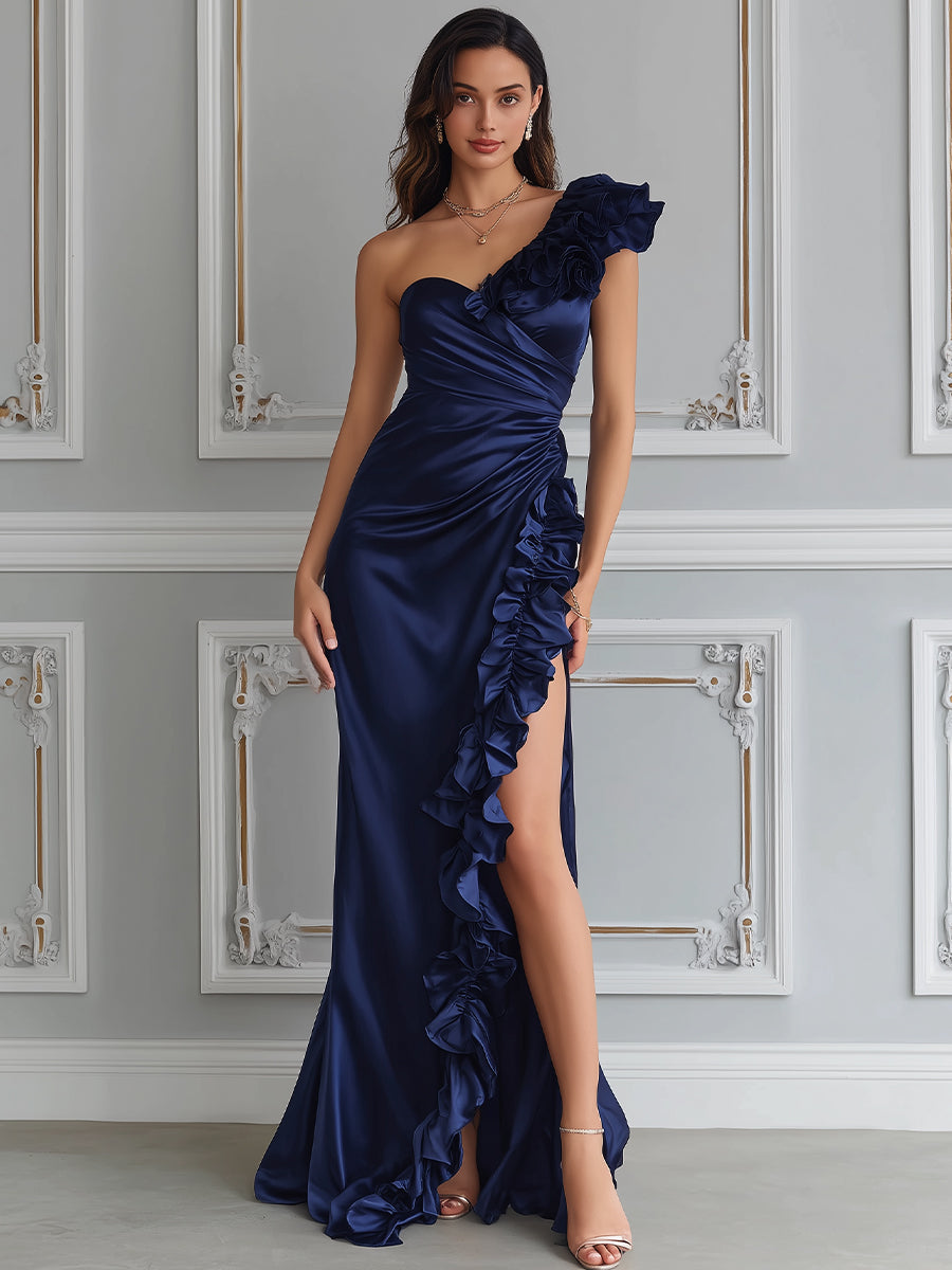 Navy One-Shoulder Ruffle Slit Maxi Gown
