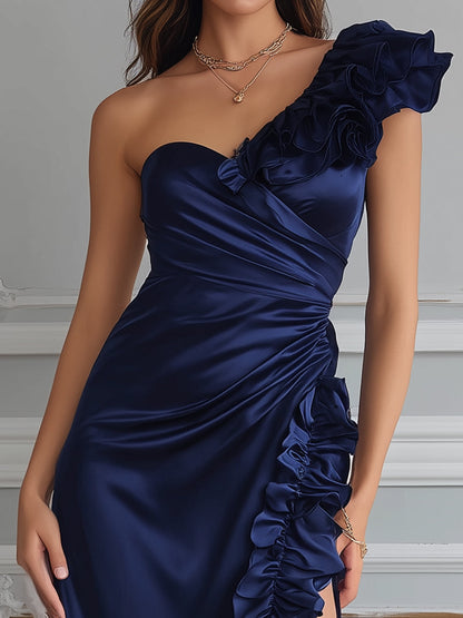 Navy One-Shoulder Ruffle Slit Maxi Gown