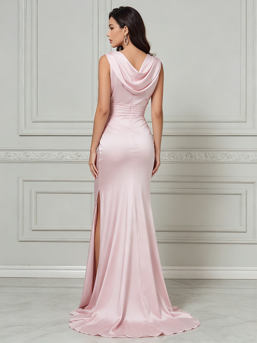 Blush Draped Cowl Neck Slit Maxi Gown