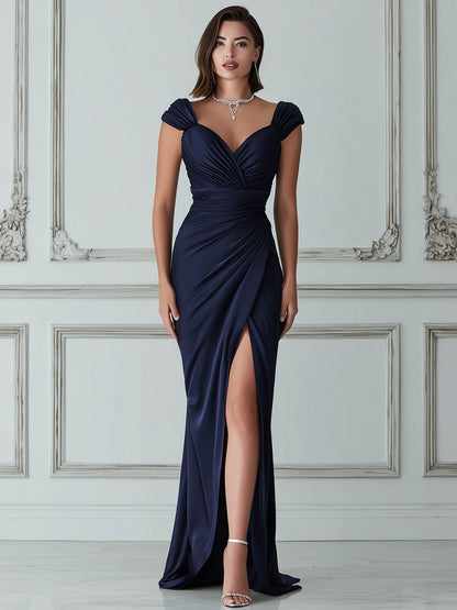 Elegant Cap Sleeve Ruched Slit Maxi Gown