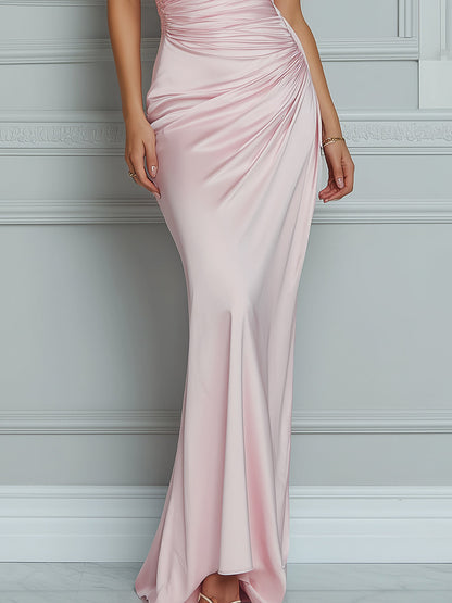 Elegant One-Shoulder Ruched Satin Maxi Gown