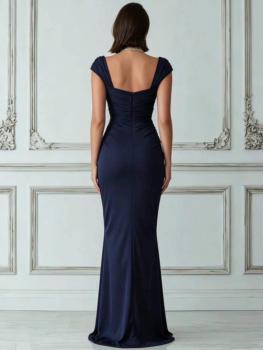 Elegant Cap Sleeve Ruched Slit Maxi Gown