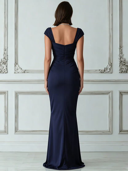 Elegant Cap Sleeve Ruched Slit Maxi Gown
