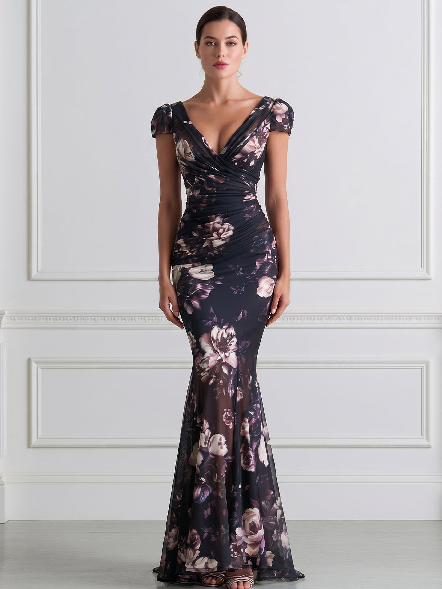 Dark Floral Print Wrap V-Neck Mesh Mermaid Maxi Gown