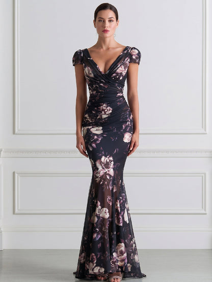 Dark Floral Print Wrap V-Neck Mesh Mermaid Maxi Gown