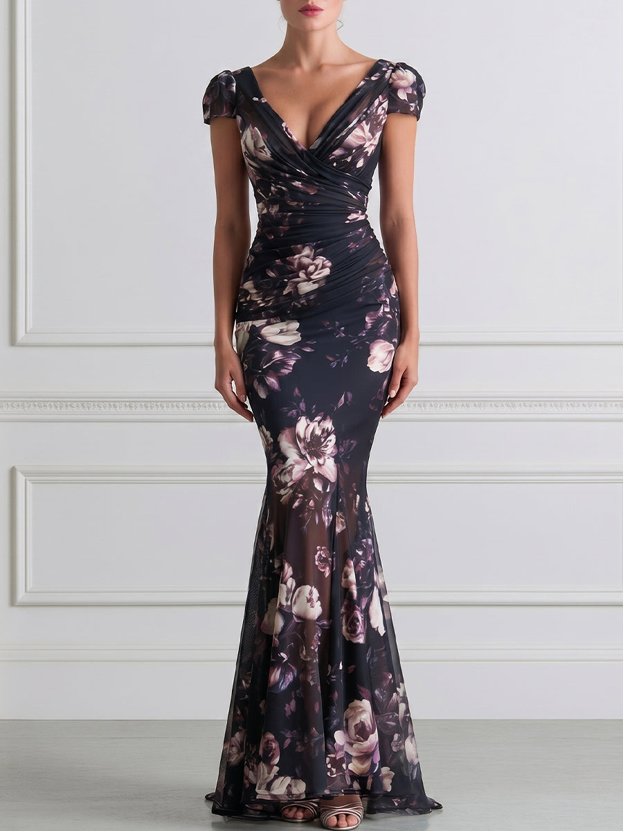 Dark Floral Print Wrap V-Neck Mesh Mermaid Maxi Gown