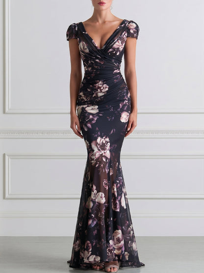 Dark Floral Print Wrap V-Neck Mesh Mermaid Maxi Gown
