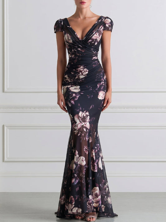 Dark Floral Print Wrap V-Neck Mesh Mermaid Maxi Gown