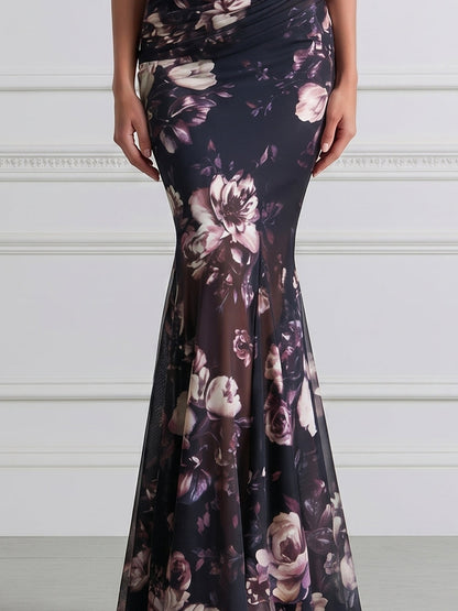 Dark Floral Print Wrap V-Neck Mesh Mermaid Maxi Gown