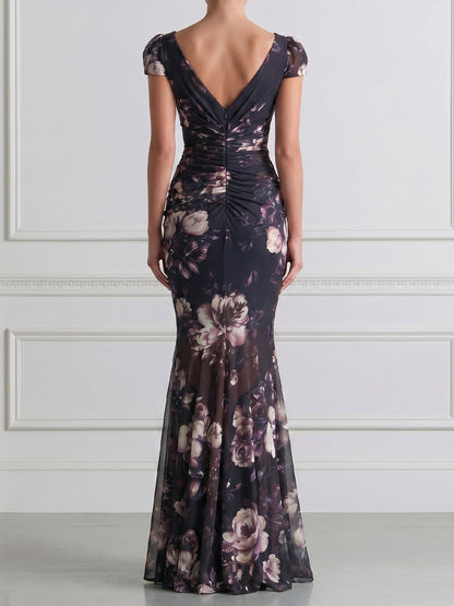 Dark Floral Print Wrap V-Neck Mesh Mermaid Maxi Gown