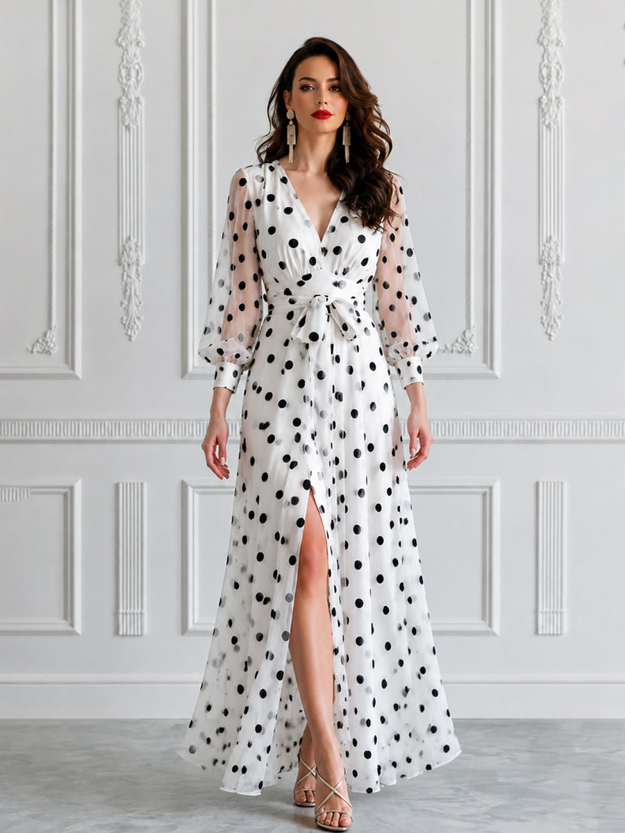 Sheer Puff Sleeve Polka Dot Waist Tie Maxi Dress
