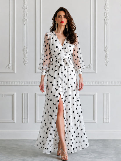 Sheer Puff Sleeve Polka Dot Waist Tie Maxi Dress