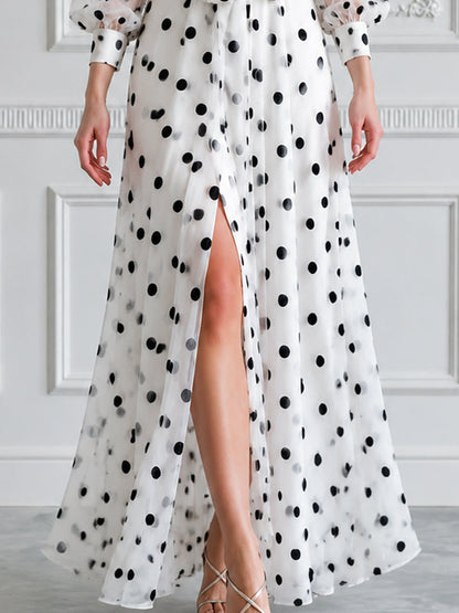 Sheer Puff Sleeve Polka Dot Waist Tie Maxi Dress
