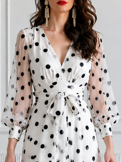 Sheer Puff Sleeve Polka Dot Waist Tie Maxi Dress