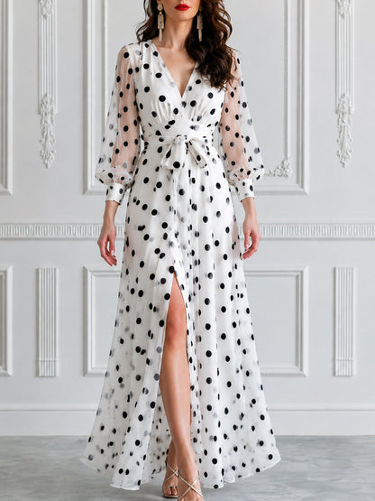 Sheer Puff Sleeve Polka Dot Waist Tie Maxi Dress