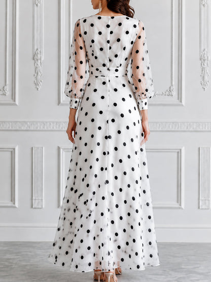 Sheer Puff Sleeve Polka Dot Waist Tie Maxi Dress