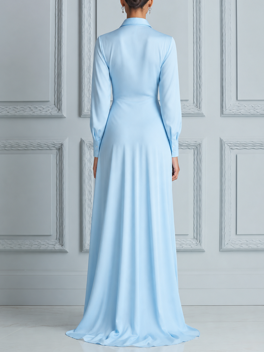 Sky Blue Ruched Twist Waist Deep V Collar High Slit Maxi Dress