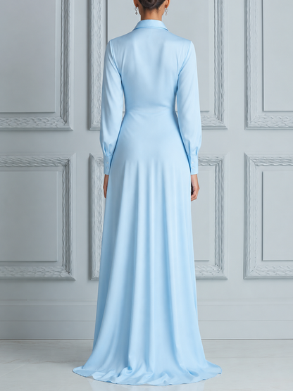 Sky Blue Ruched Twist Waist Deep V Collar High Slit Maxi Dress