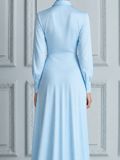 Sky Blue Ruched Twist Waist Deep V Collar High Slit Maxi Dress