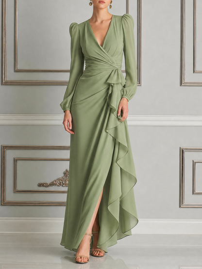 Green Dress Fall Wrap Ruffle Slit Maxi Dress