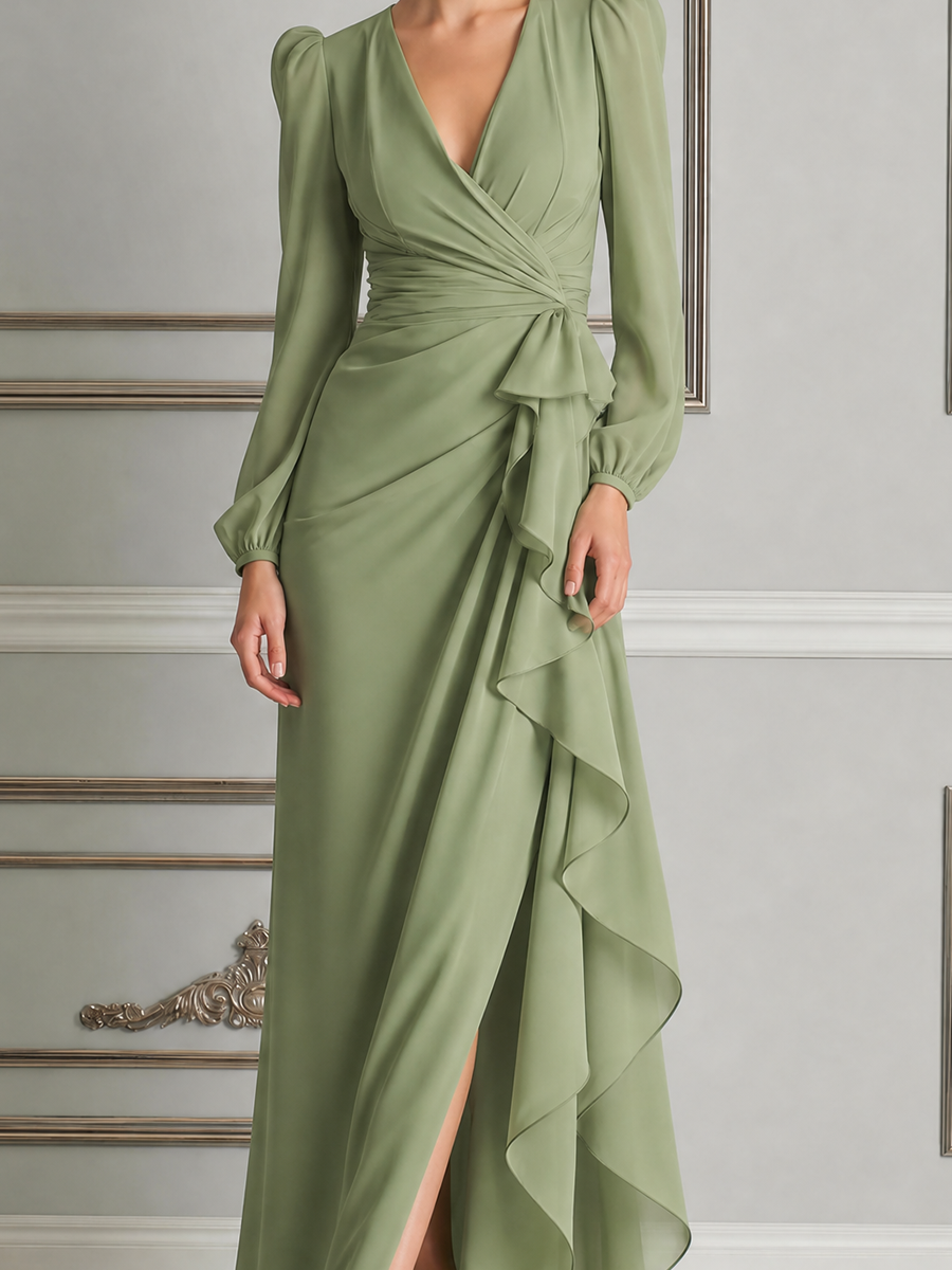 Green Dress Fall Wrap Ruffle Slit Maxi Dress