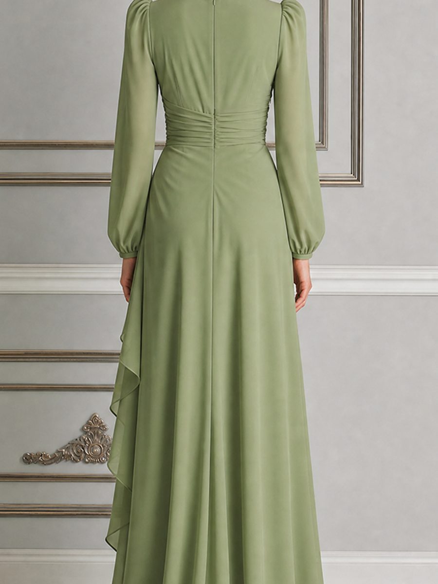 Green Dress Fall Wrap Ruffle Slit Maxi Dress