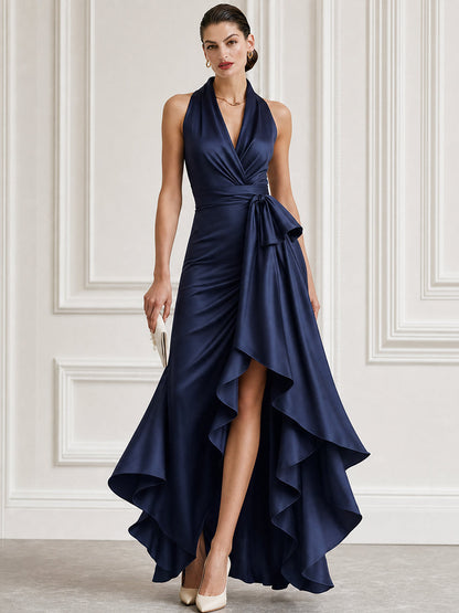 Satin Halter Bow-Waist High-Low Maxi Gown