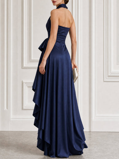 Satin Halter Bow-Waist High-Low Maxi Gown