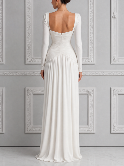 White Dress Sweetheart Neck Ruched Long Sleeve Maxi Dress