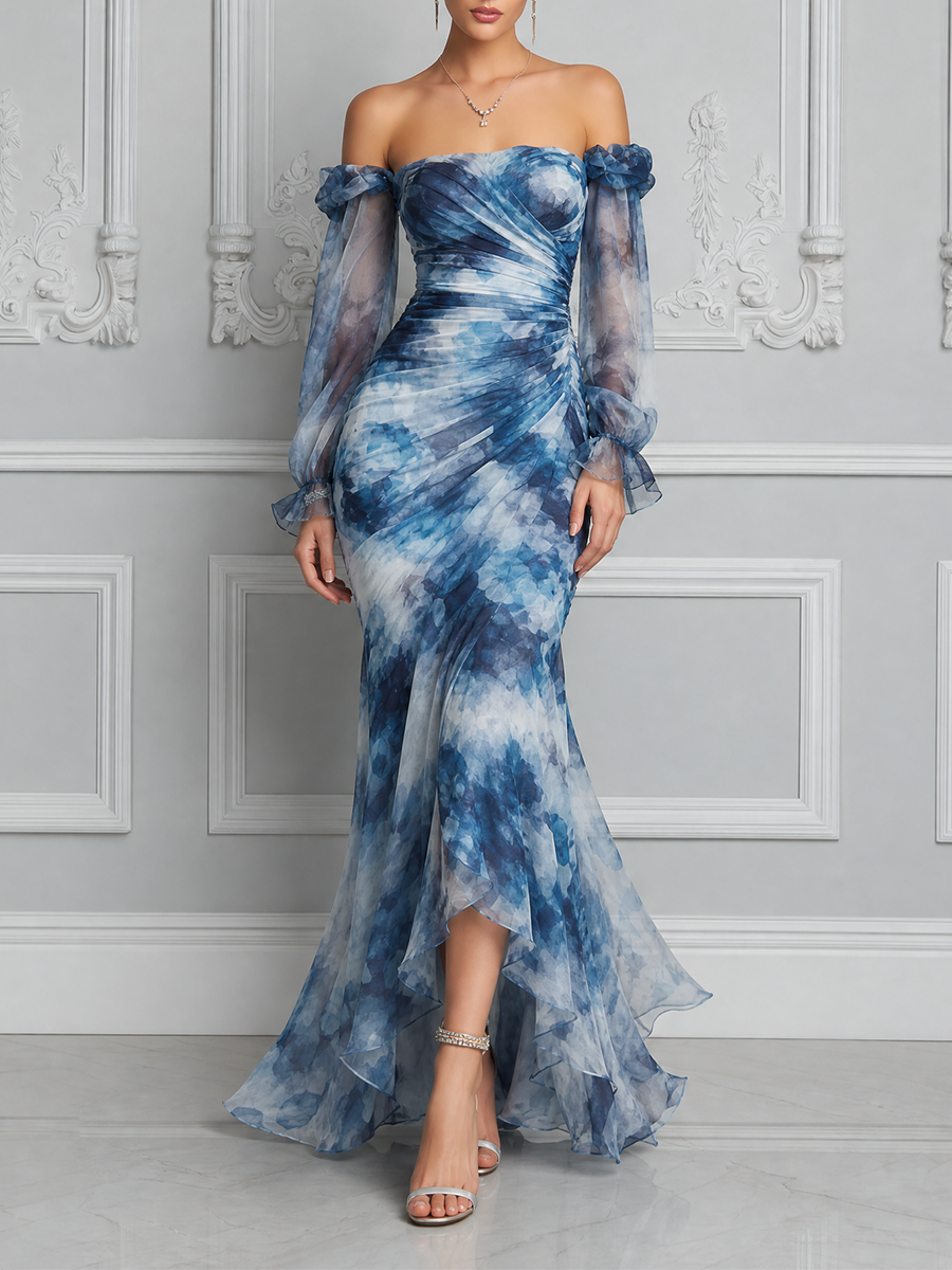 Blue Floral Dress Fall Wedding Guest Dress Off Shoulder Ruffle Maxi Dress