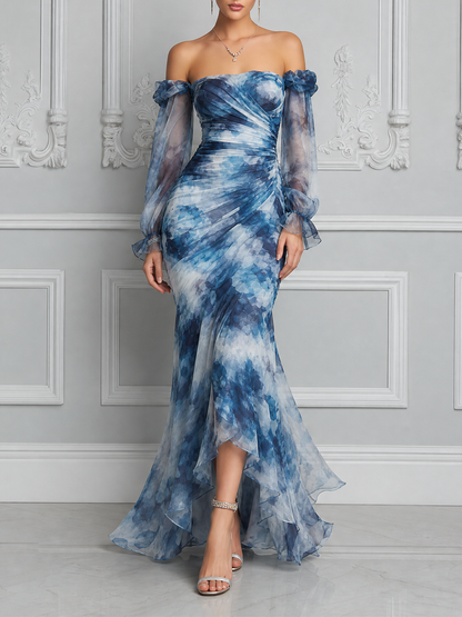 Blue Floral Dress Fall Wedding Guest Dress Off Shoulder Ruffle Maxi Dress