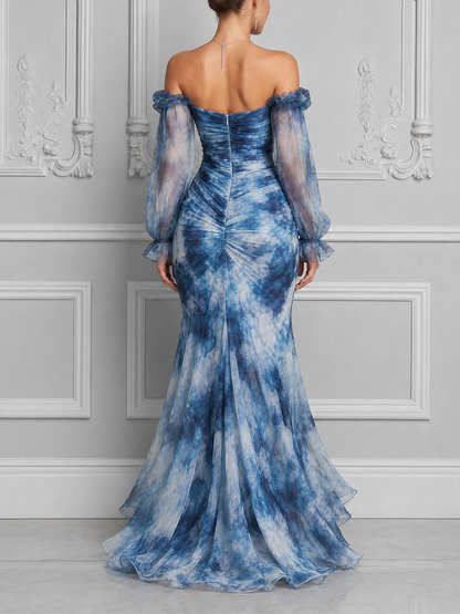 Blue Floral Dress Fall Wedding Guest Dress Off Shoulder Ruffle Maxi Dress