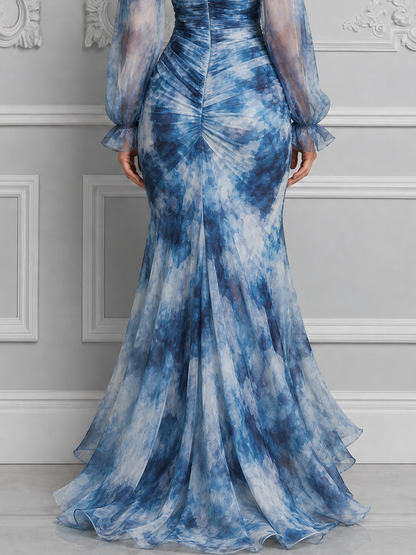Blue Floral Dress Fall Wedding Guest Dress Off Shoulder Ruffle Maxi Dress