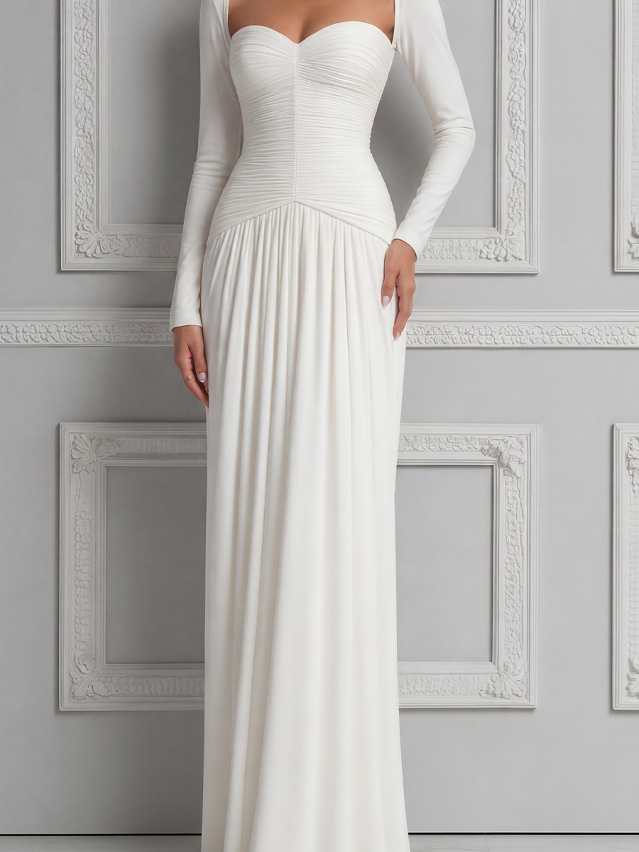 White Dress Sweetheart Neck Ruched Long Sleeve Maxi Dress